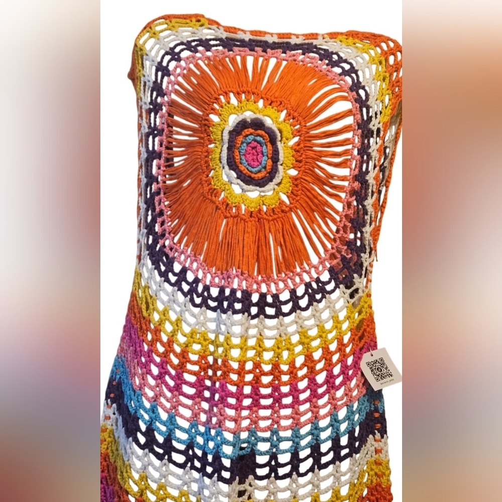Handmade Rainbow Crochet Summer Dress Grannycore Floral Swimsuit cover-up Tunic - Picture 6 of 17